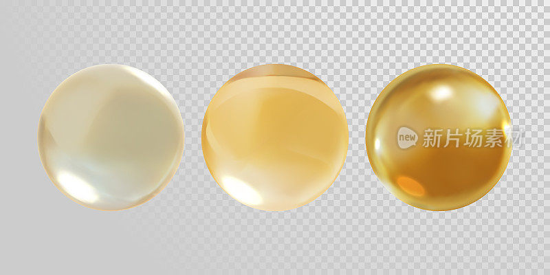 金色玻璃球孤立在透明的背景。3D逼真向量金油维生素E丸胶囊水晶玻璃球纹理