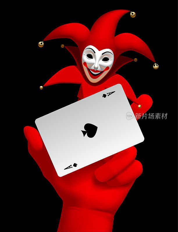 人的手与一个微笑的小丑头和黑桃a扑克牌孤立在黑色的背景