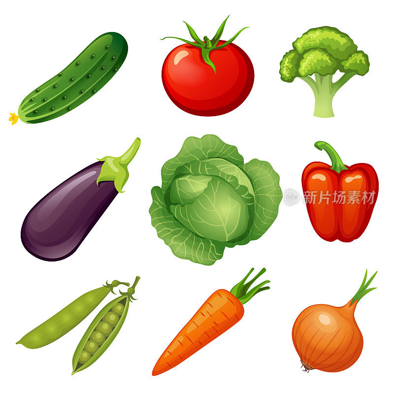 新鲜蔬菜。蔬菜图标。素食食物。黄瓜，西红柿，花椰菜，茄子，卷心菜，辣椒，豌豆，胡萝卜，洋葱