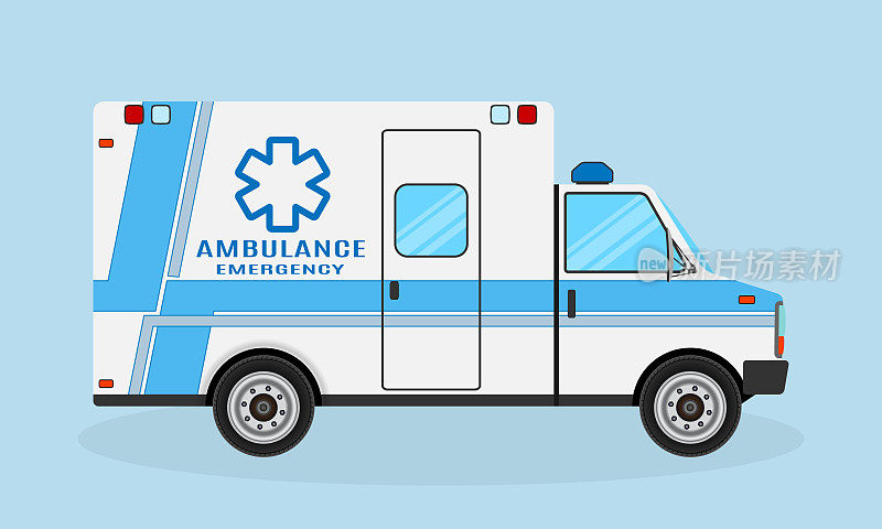 救护车侧视图与蓝色条。紧急医疗服务车。医院交通。