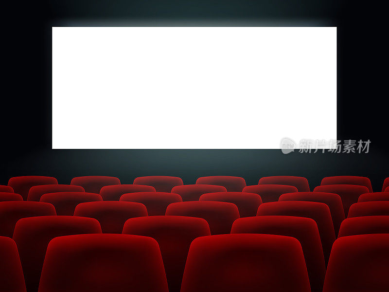 有白色空白屏幕和红色排的电影院大厅电影院电影院座位。