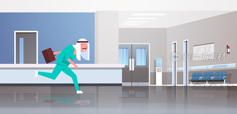 阿拉伯医生带着公文包跑到病人阿拉伯人在keffiyeh和绿色制服医院医务工作者现代诊所走廊内水平全长