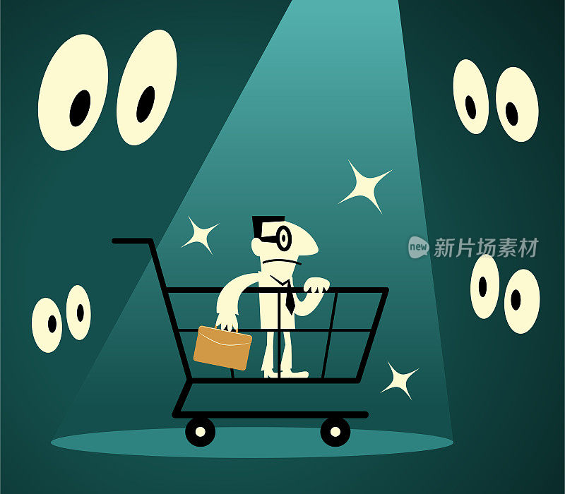 一个商人站在被聚光灯照亮的购物车里，眼睛被包围着