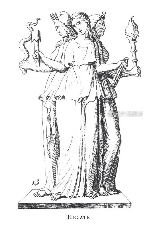 赫卡忒，神与神话人物雕刻古董插图，1851年出版
