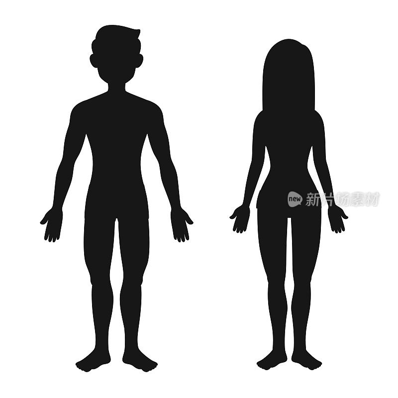 阴影插图显示一个男人和女人的身体站着没有衬衫，穿着在一个白色的背景或创建教学材料的母亲谁做家庭学校和教师谁找到图片的教学材料。
