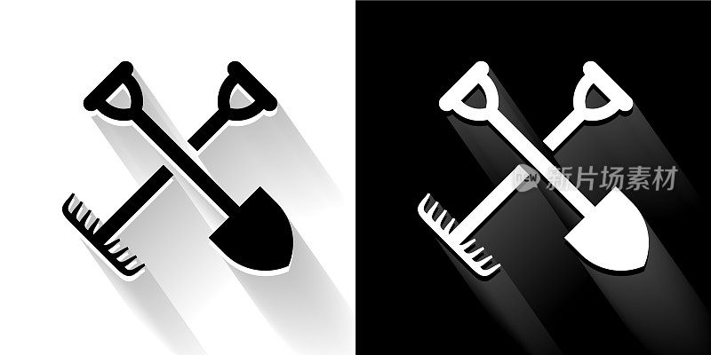 园艺工具黑色和白色图标与长影子