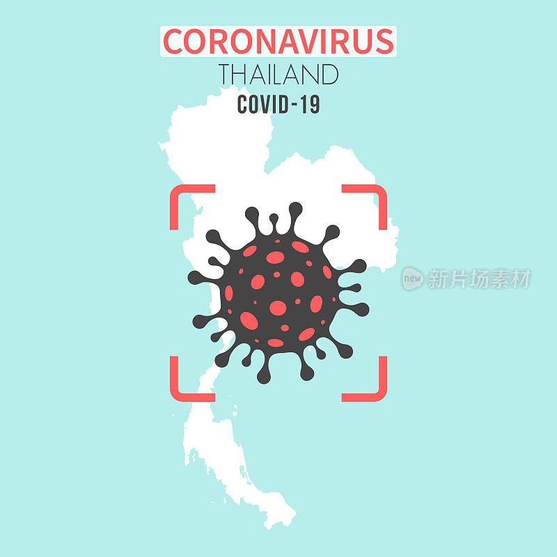 泰国地图，红色取景器中有冠状病毒细胞(COVID-19)