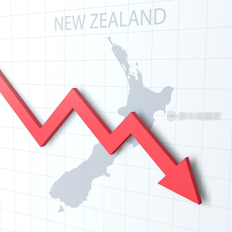 下落的红色箭头与新西兰地图的背景