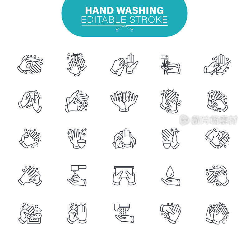 洗手图标。可编辑的中风。在设置图标为卫生，保护，卫生，洗手液，插图
