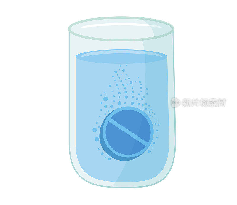 泡腾片，可溶性药丸落在带有气泡的水的玻璃杯中，在黑色背景上孤立。插图艺术剪辑，设计元素。