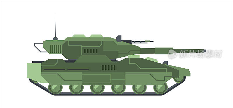 军用现代伪装坦克。重型装甲绿色履带机动车辆配备长炮、机枪、远程、大口径的强大保护，免受炮弹导弹的攻击。平的战斗向量。