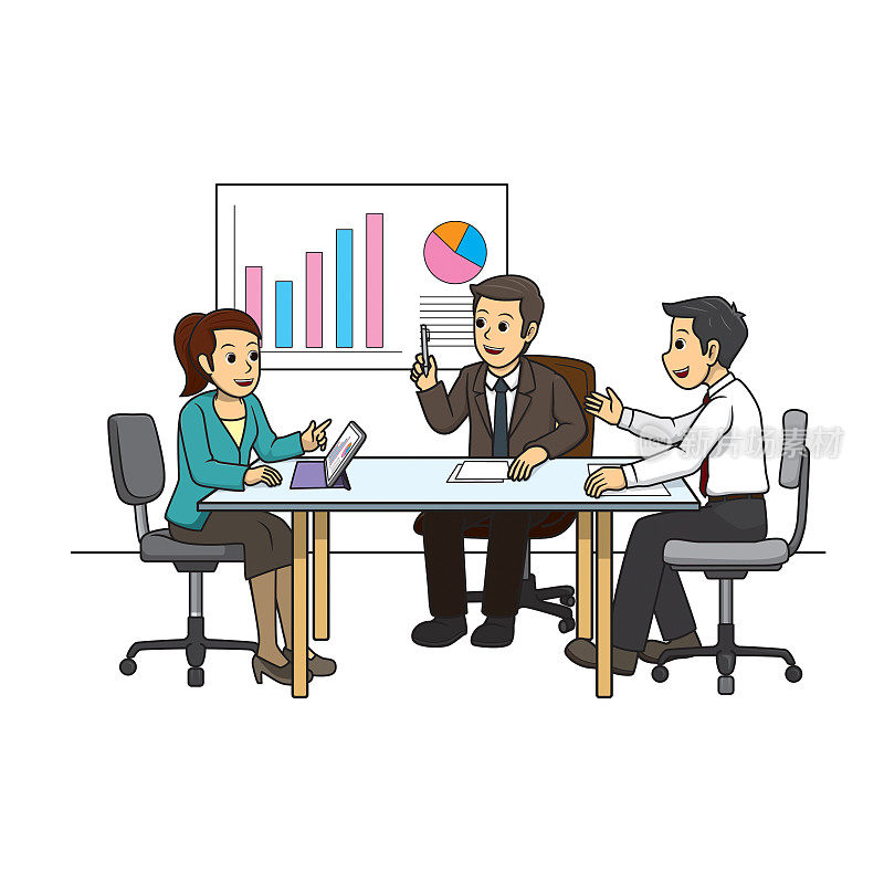 3名商人坐在办公室里开会互相讨论,用各种设备和挂图显示。