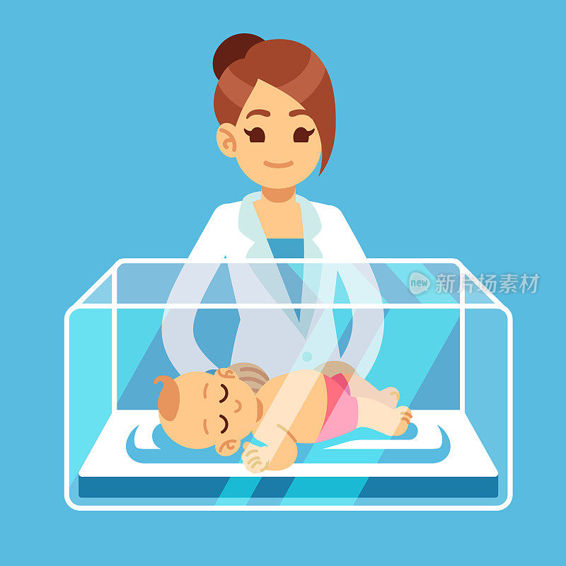 医院里的儿科医生和小新生儿在保温箱里。新生儿、早产儿、儿童医疗载体概念