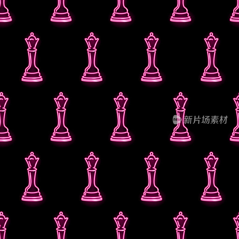 无缝模式与霓虹灯图标的象棋皇后在黑色的背景。战略、游戏、竞争、权力概念。矢量插图。