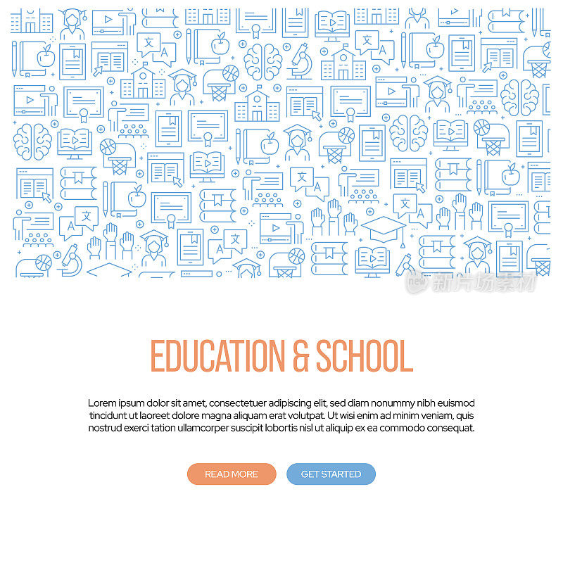 教育与学校相关横幅设计与图案。现代线条风格图标矢量插图