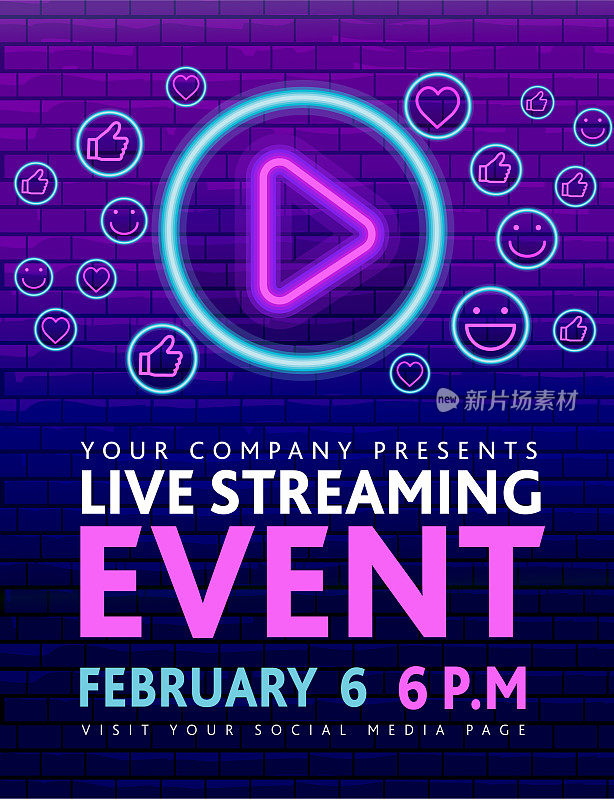 现场直播活动霓虹标志音乐会社交媒体横幅设计与播放按钮概念在紫色砖墙