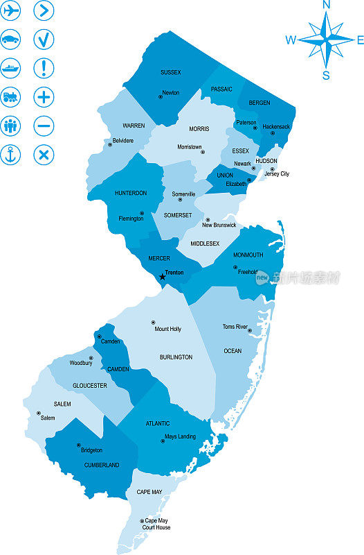 新泽西州地图与图标和键