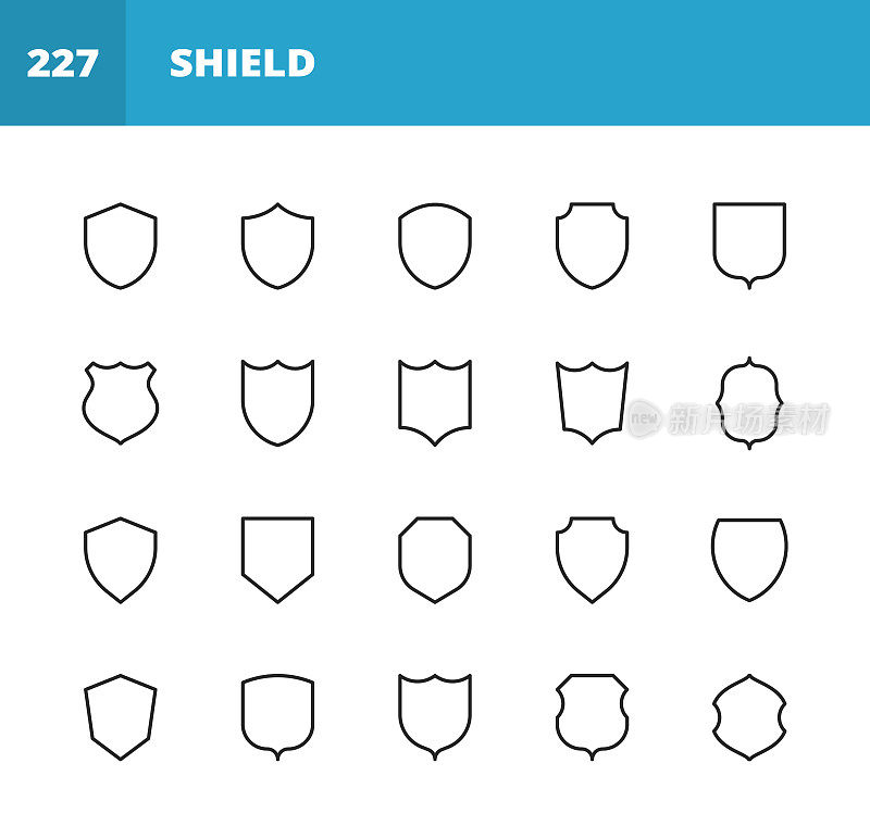 盾牌图标。可编辑的中风。像素完美。移动和网络。包含盾牌，徽章，成就，奖励，纹章，防御，防火墙，徽章，隐私，皇室，安全，安全，标志，军事，装饰，盔甲，徽章等图标。