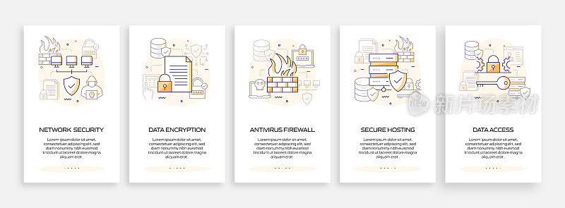 数据安全和网络安全概念的移动应用程序页面屏幕与平面图标。用户体验，用户界面设计模板矢量插图