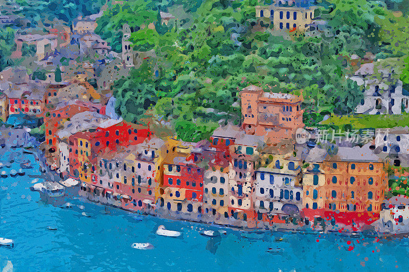 水彩画的波托菲诺海岸美丽的小镇在意大利。