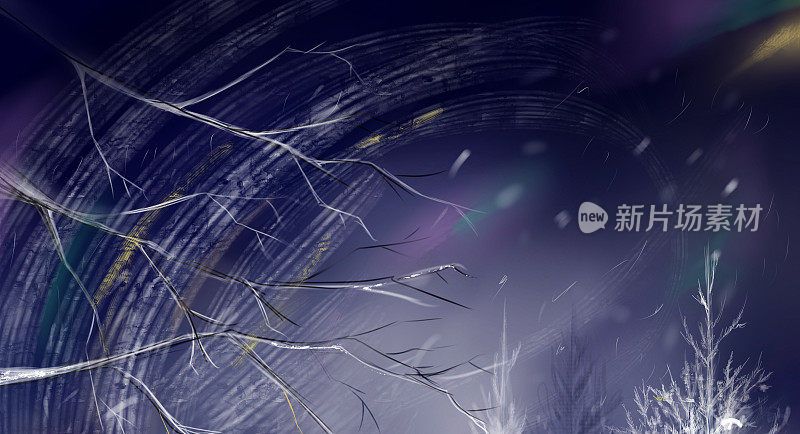 水彩紫罗兰夜天空冬天木材森林冷杉暴风雪背景纹理数字艺术