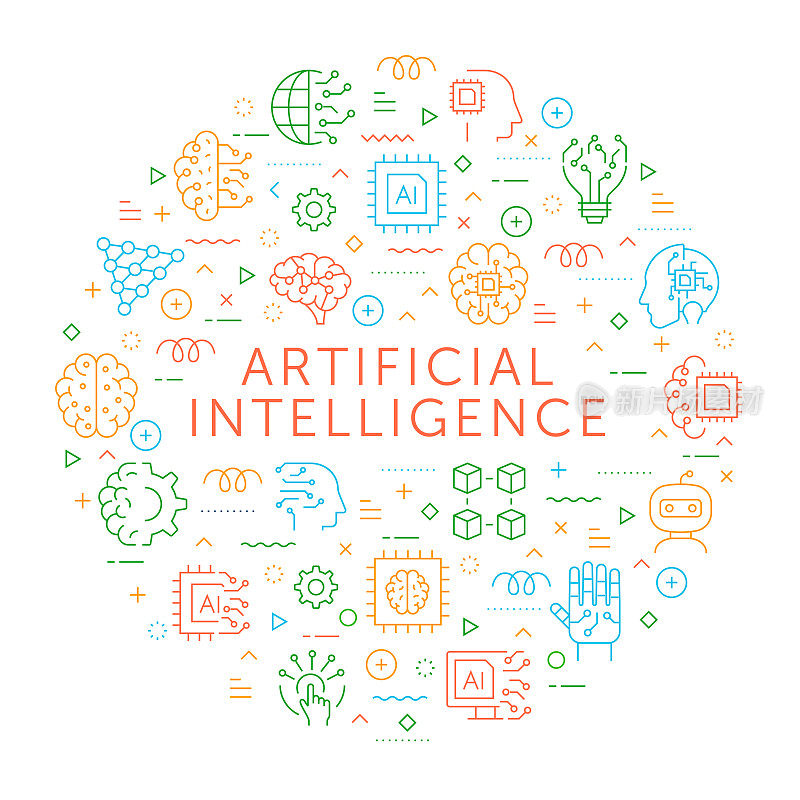 人工智能的设计元素。带有轮廓图标的图案设计。色彩斑斓的矢量图