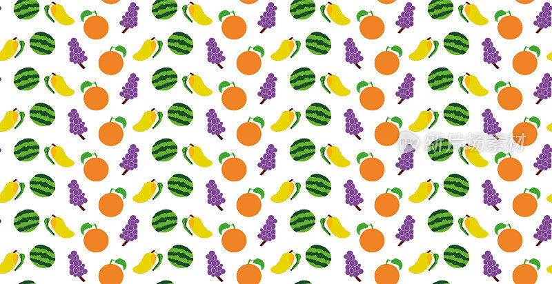 在白色的背景上，以波浪状排列着橙子、葡萄、芒果、西瓜等卡通水果的无缝图案的水平矢量插图