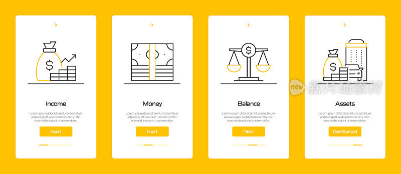 金钱概念入职手机应用程序页面屏幕与平面图标。UI设计模板矢量插图