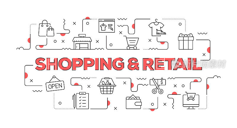 购物和零售网络横幅线风格。现代设计矢量插图