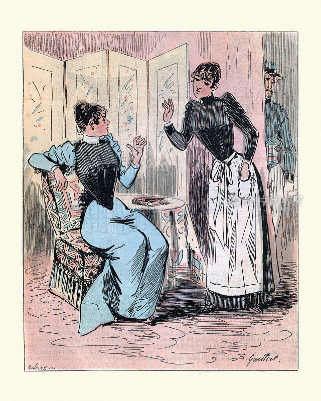 女仆告诉她的情妇和男人要来拜访她，这是19世纪的法国维多利亚时代
