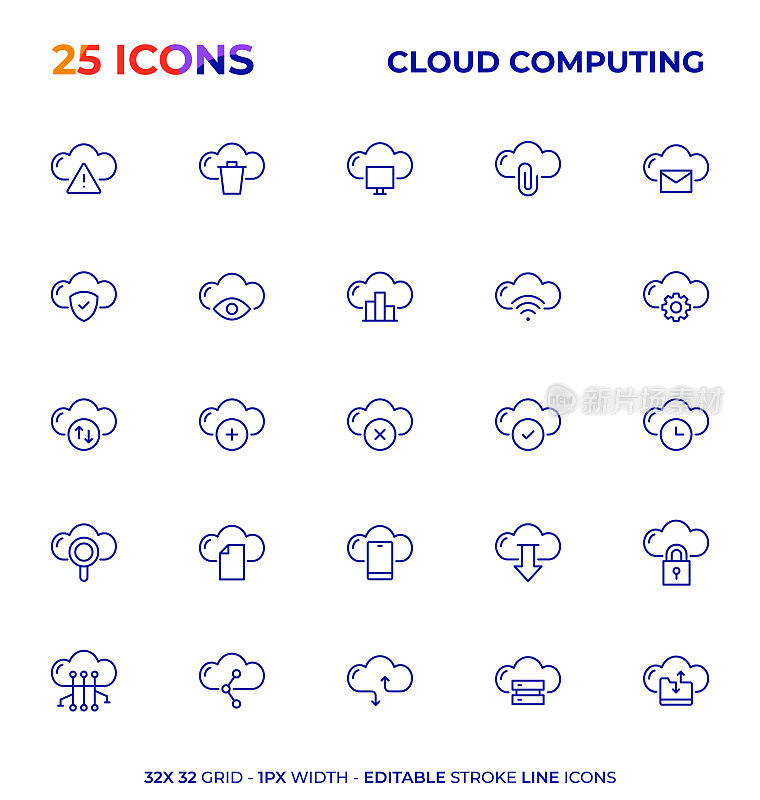 云计算可编辑的笔画线图标系列