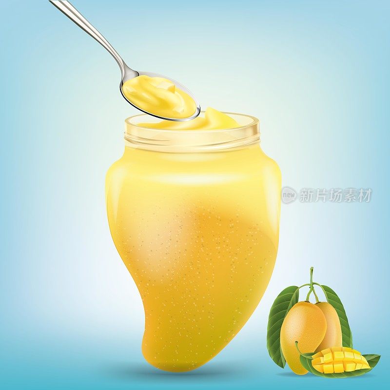把奶油舀到芒果做的瓶子里。说明向量