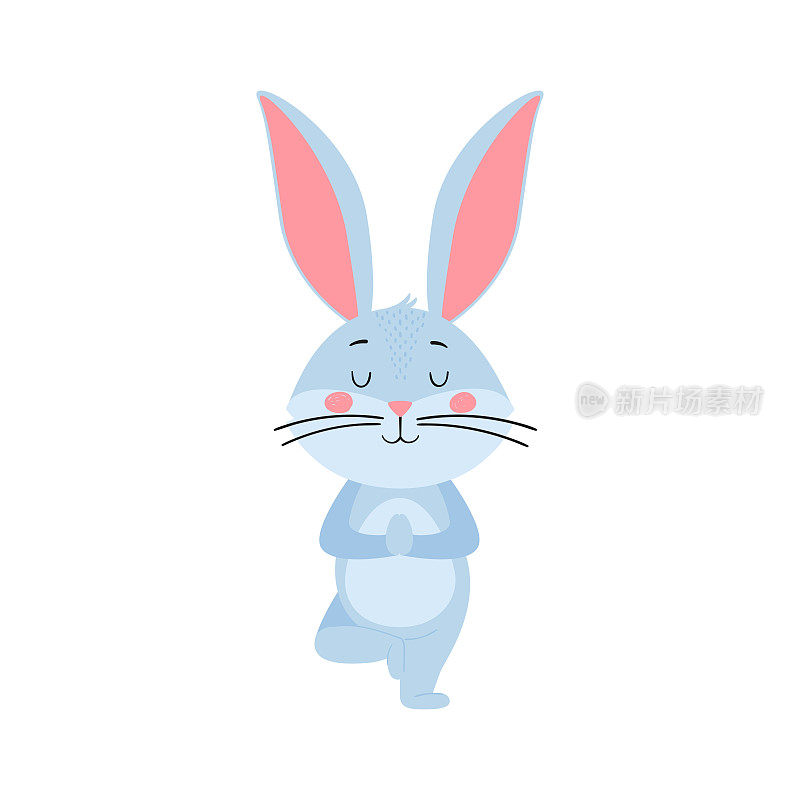 可爱的卡通兔子或野兔。兔子在瑜伽树的姿势。印在儿童t恤、贺卡、海报上。手绘矢量股票插图孤立在白色背景上