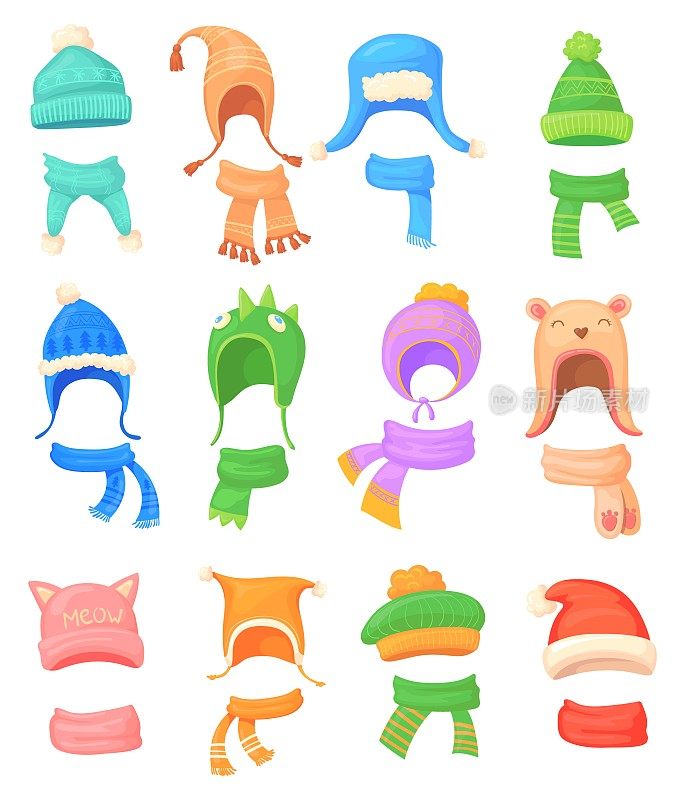 孩子们冬天无檐小便帽。针织帽子和围巾，波波帽与耳朵，温暖的帽子，可爱的针织婴儿帽，寒冷的圣诞节有趣的婴儿帽，雪的装备，整洁的矢量插图