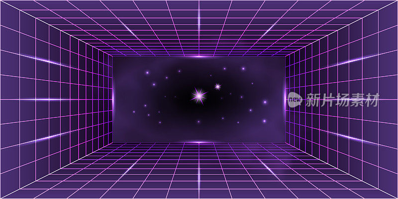 Synthwave赛博朋克霓虹灯背景，三维透视房间网格，带星云和发光恒星的星系空间的传送门。发光的灯光效果，夜间迪斯科设计，抽象矢量插图