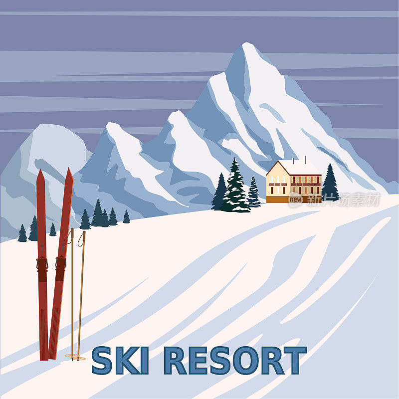阿尔卑斯古老的冬季度假村庄，木制的老式滑雪板和滑雪杖。雪景峰、雪坡。旅行的复古海报