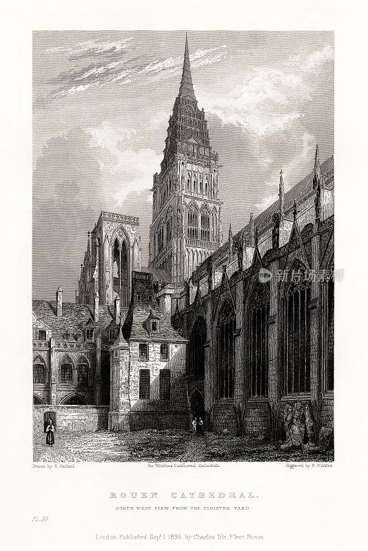 法国大教堂，鲁昂大教堂，鲁昂，法国，古董法国版画，1837年