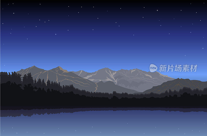 背景画的山峰在露天和星星的反射在池塘，针叶树，森林和水库附近的自然区域为旗帜