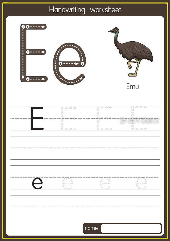向量插图的Emu与字母E大写字母或大写字母的儿童学习练习ABC