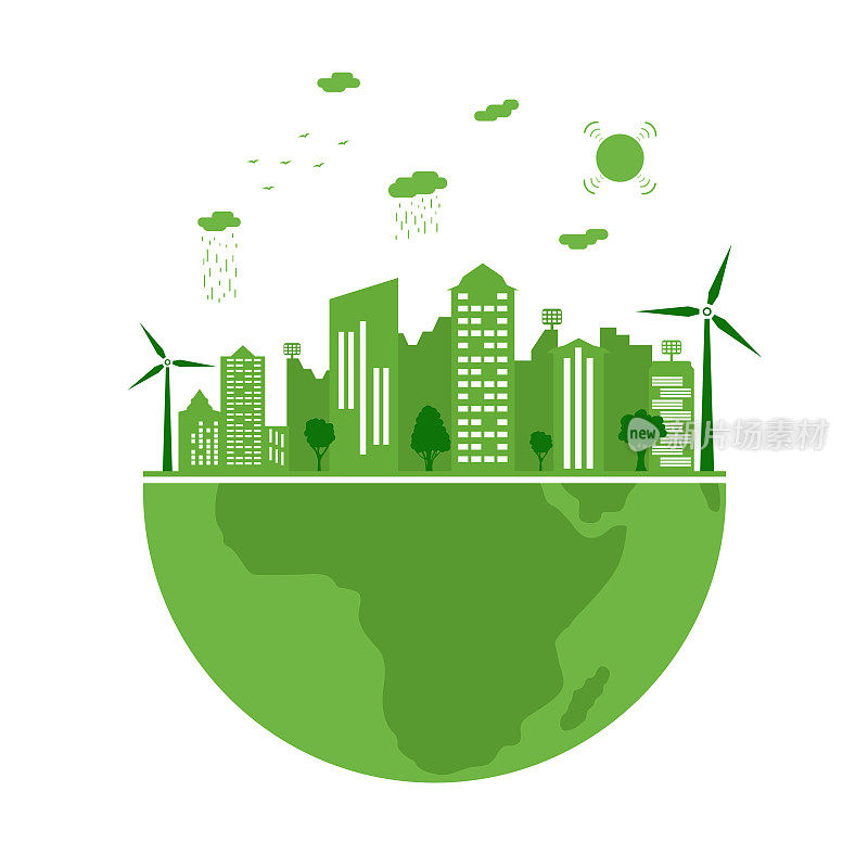 生态城市，环境保护。行星地球的概念。剪影绿色城市，可再生能源。地球日。