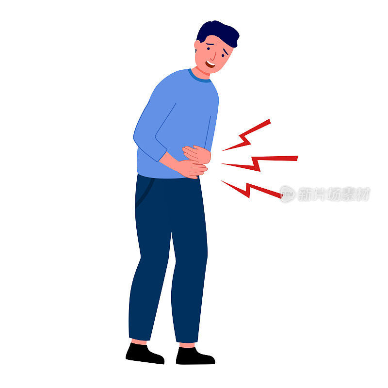 男人感觉胃疼概念向量插图在白色背景。便秘或腹泻。腹部疾病和疾病。