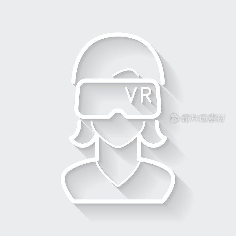 戴着VR头盔的女人-虚拟现实。图标与空白背景上的长阴影-平面设计