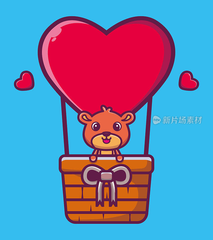可爱的泰迪熊飞行与爱气球卡通矢量插图