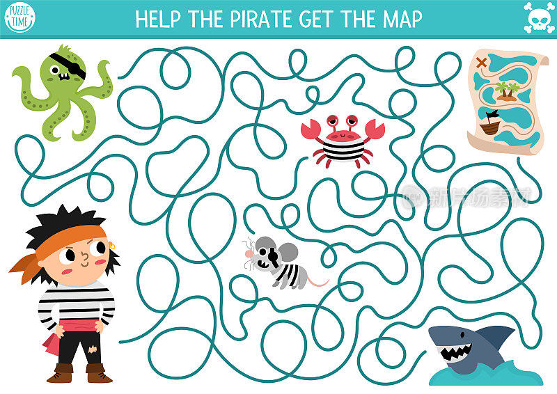 儿童海盗迷宫。寻宝学前印刷活动与可爱的raider船长，章鱼，老鼠，鲨鱼，螃蟹。海上冒险迷宫或拼图游戏。帮助海盗拿到地图