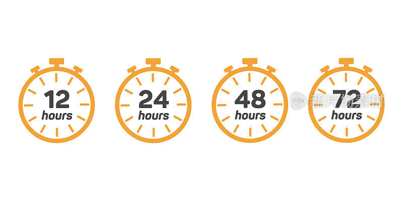 不同时间贴纸。12、24、36和72小时订单执行或交付服务图标。向量
