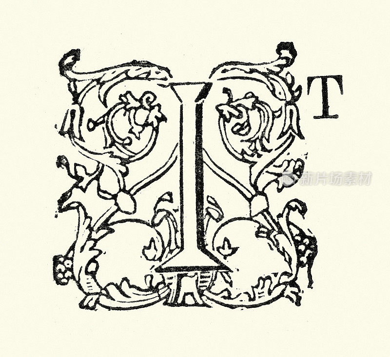 复古插图华丽的大写字母I，它，19世纪维多利亚时代