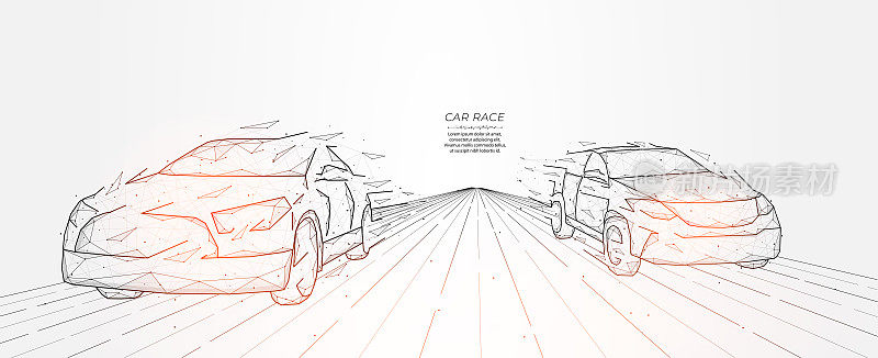 多边形赛车矢量图孤立在光背景。两辆车在路上快速行驶。创意车辆横幅或模板。