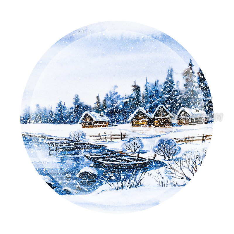 冬天的乡村景观，结冰的河上有小船