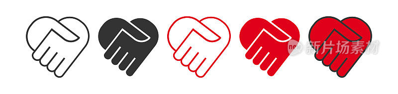 爱手护理图标。握手象征着心的符号。签署合作向量。