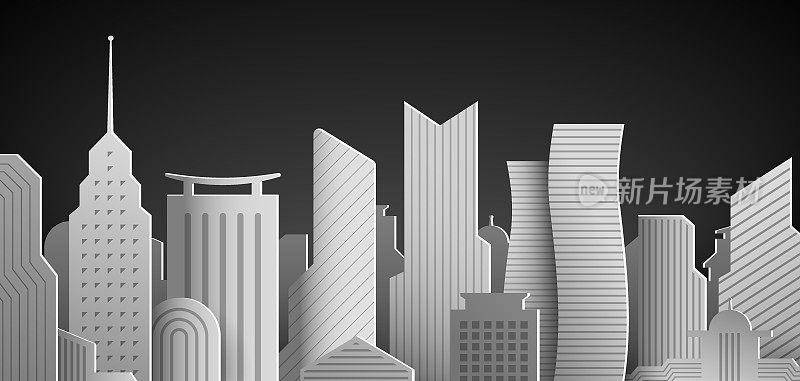 现代城市天际线与摩天大楼，建筑白纸虚拟现实矢量背景
